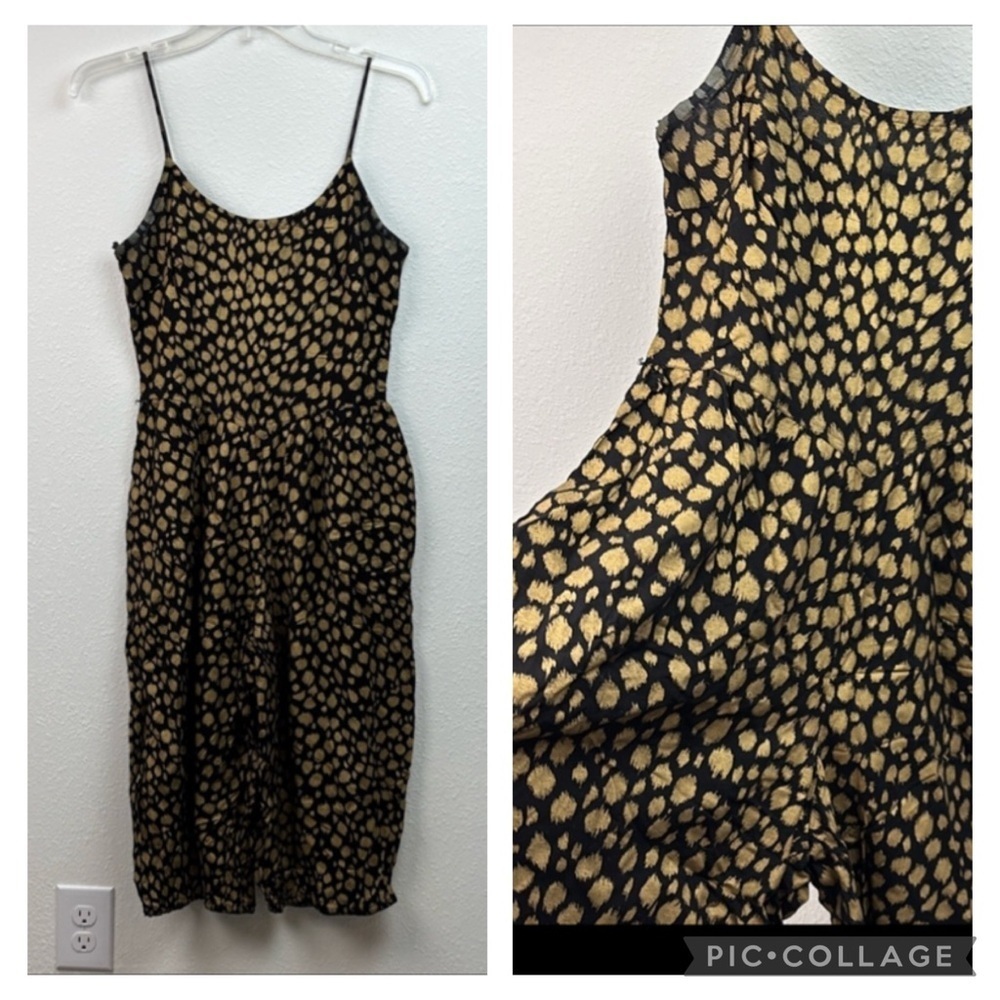80s vintage Popi brand. Disco streetwear crop leg jumpsuit gold cheetah spots.